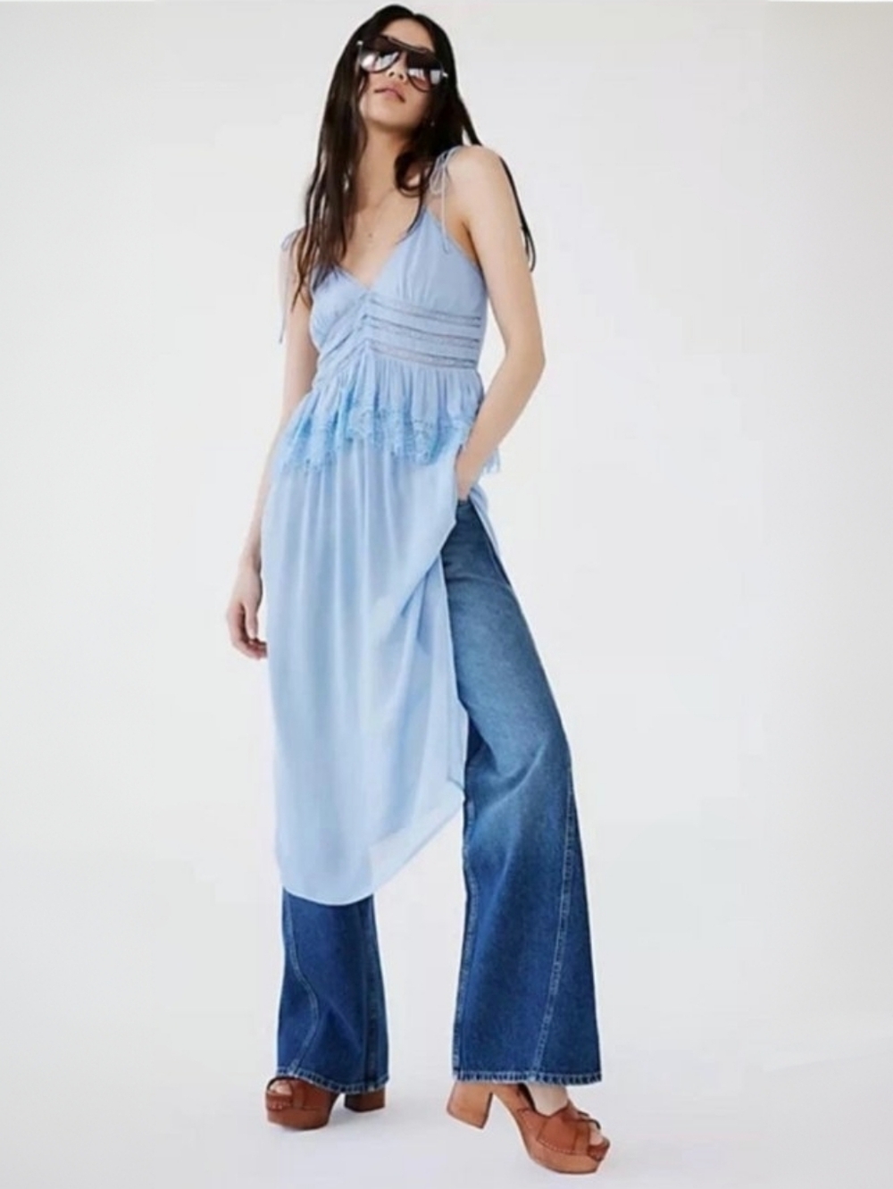NWT Free People Intimately Kiki Slip Sheer Fairy Blue Lace Midi Tie Dress S